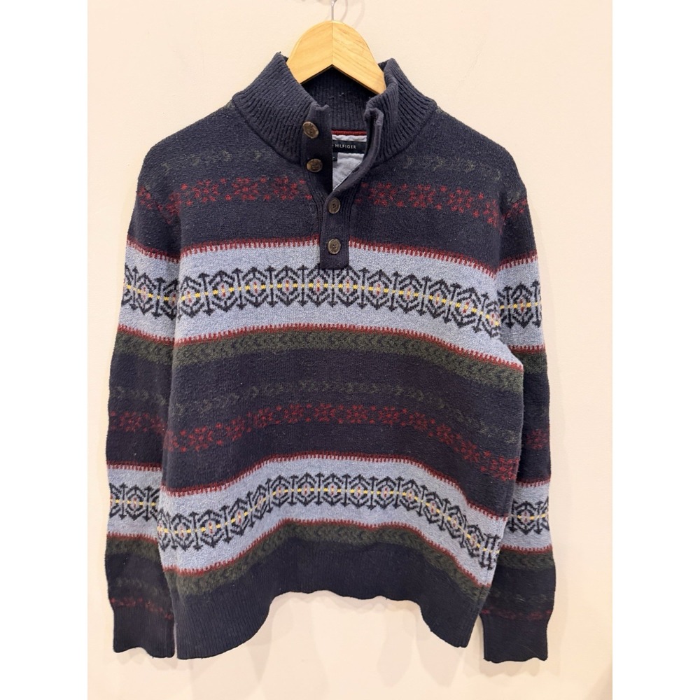 Tommy Hilfiger Men's Fair Isle Knit Sweater L Blue Mock Neck Button Pullover